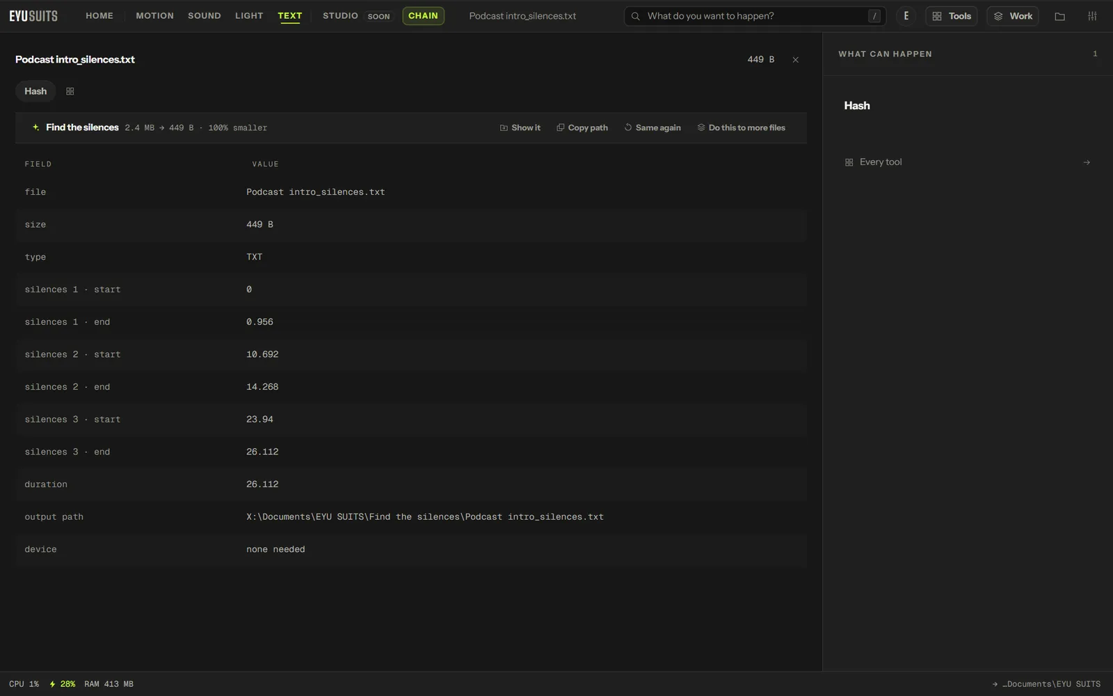 Find the silences in EYU SUITS, listing where each pause starts and ends