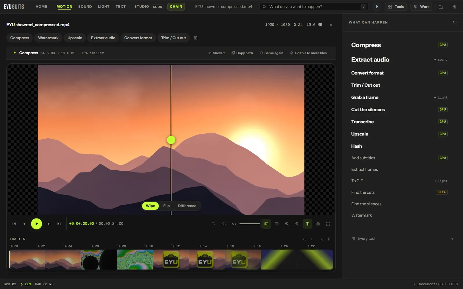 EYU SUITS showing a 64.6 MB video beside its compressed copy, 19.6 MB and 70% smaller