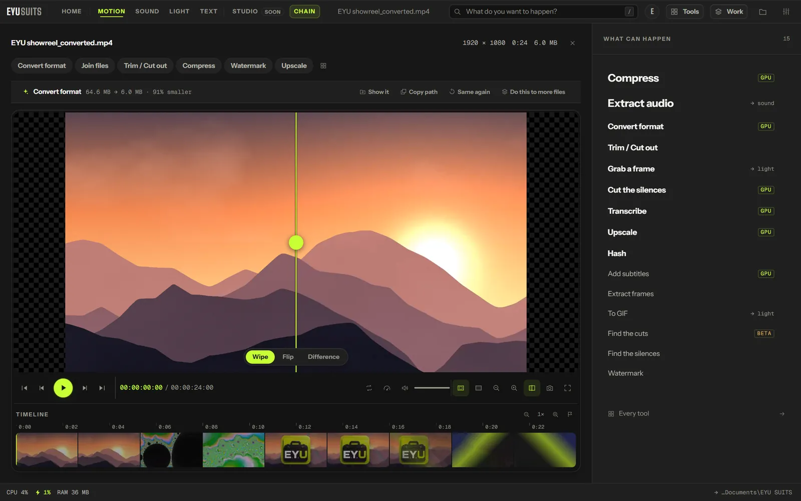 EYU SUITS converting a 64.6 MB video for Discord, down to 6.0 MB