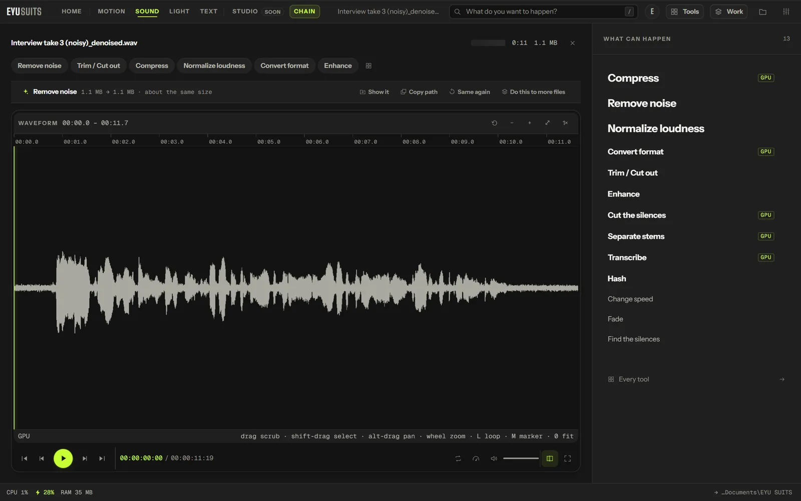 A voice recording in EYU SUITS after Remove noise, shown as a waveform