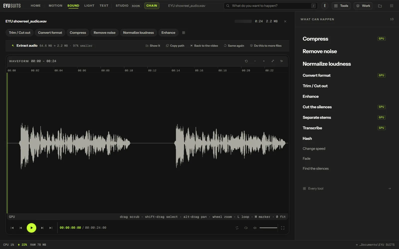 The soundtrack of a video extracted as a WAV file in EYU SUITS, shown as a waveform
