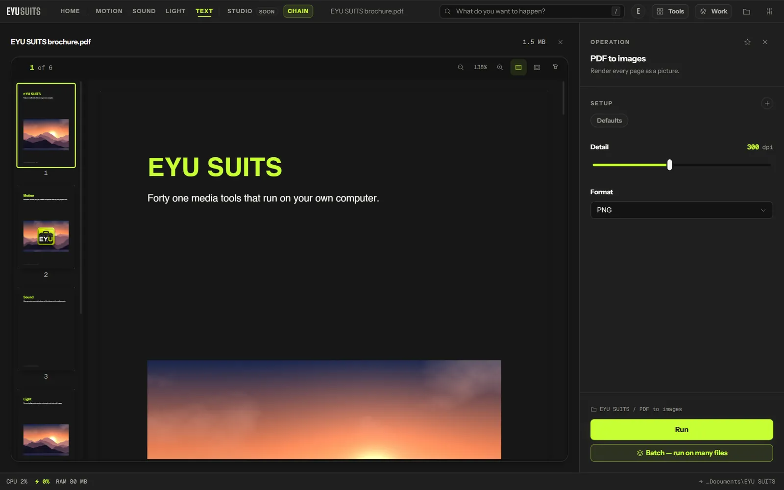 PDF to images in EYU SUITS, set to render each page at 300 dpi