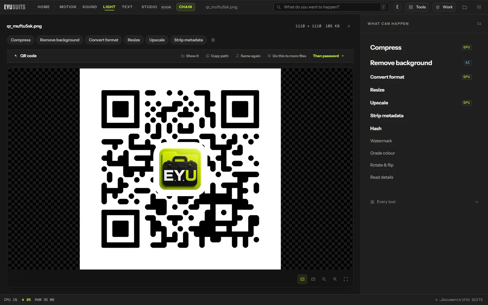 A QR code made in EYU SUITS, with the EYU logo in the centre