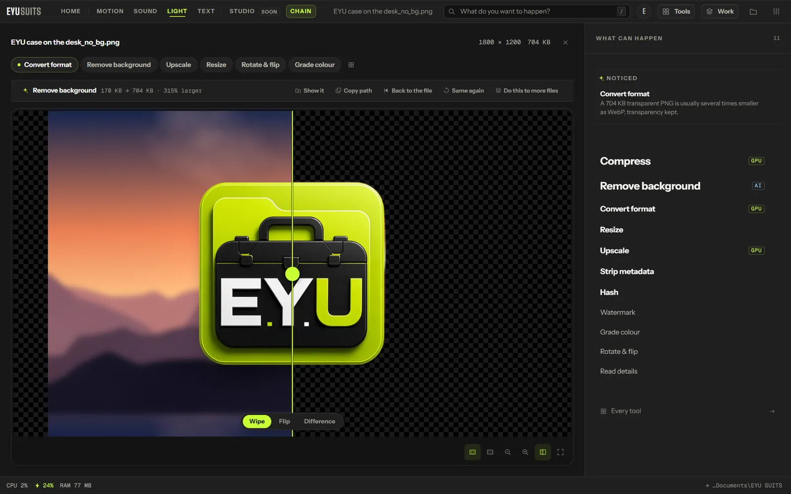 EYU SUITS removing the background from a photo of the EYU case, before and after