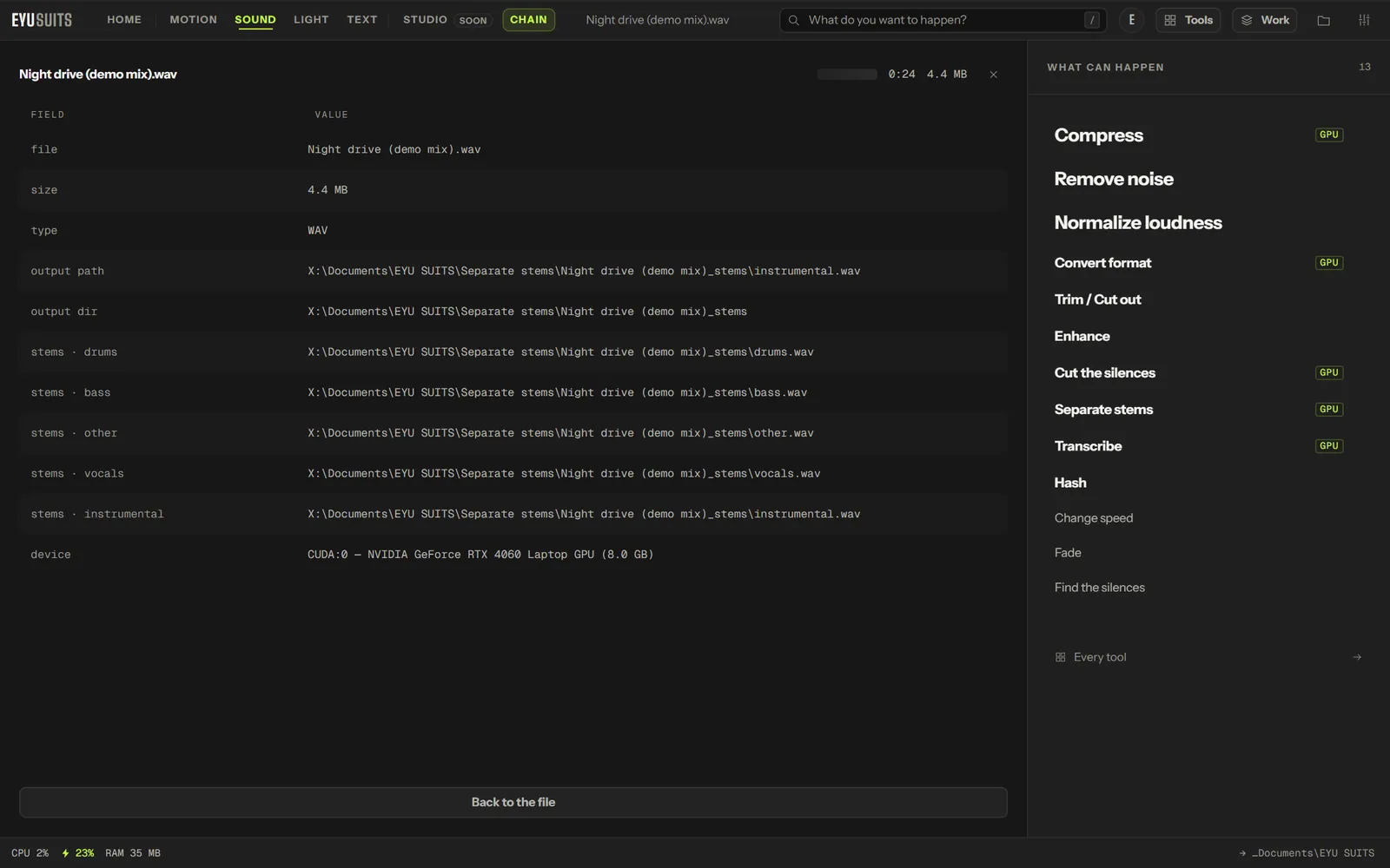 Separate stems in EYU SUITS: drums, bass, vocals, the rest and an instrumental, made on an NVIDIA graphics card