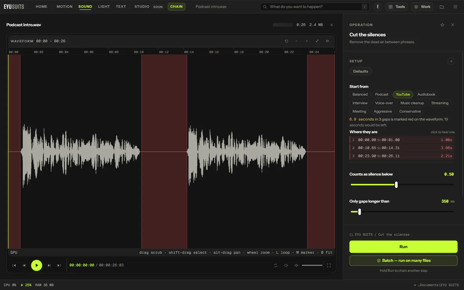 Cut the silences in EYU SUITS, with three gaps marked red on the waveform